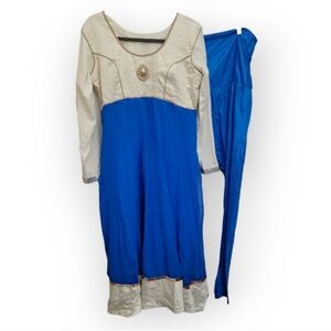 PAKISTANI/INDIAN Dress set, blue & Gokd stripe long dress